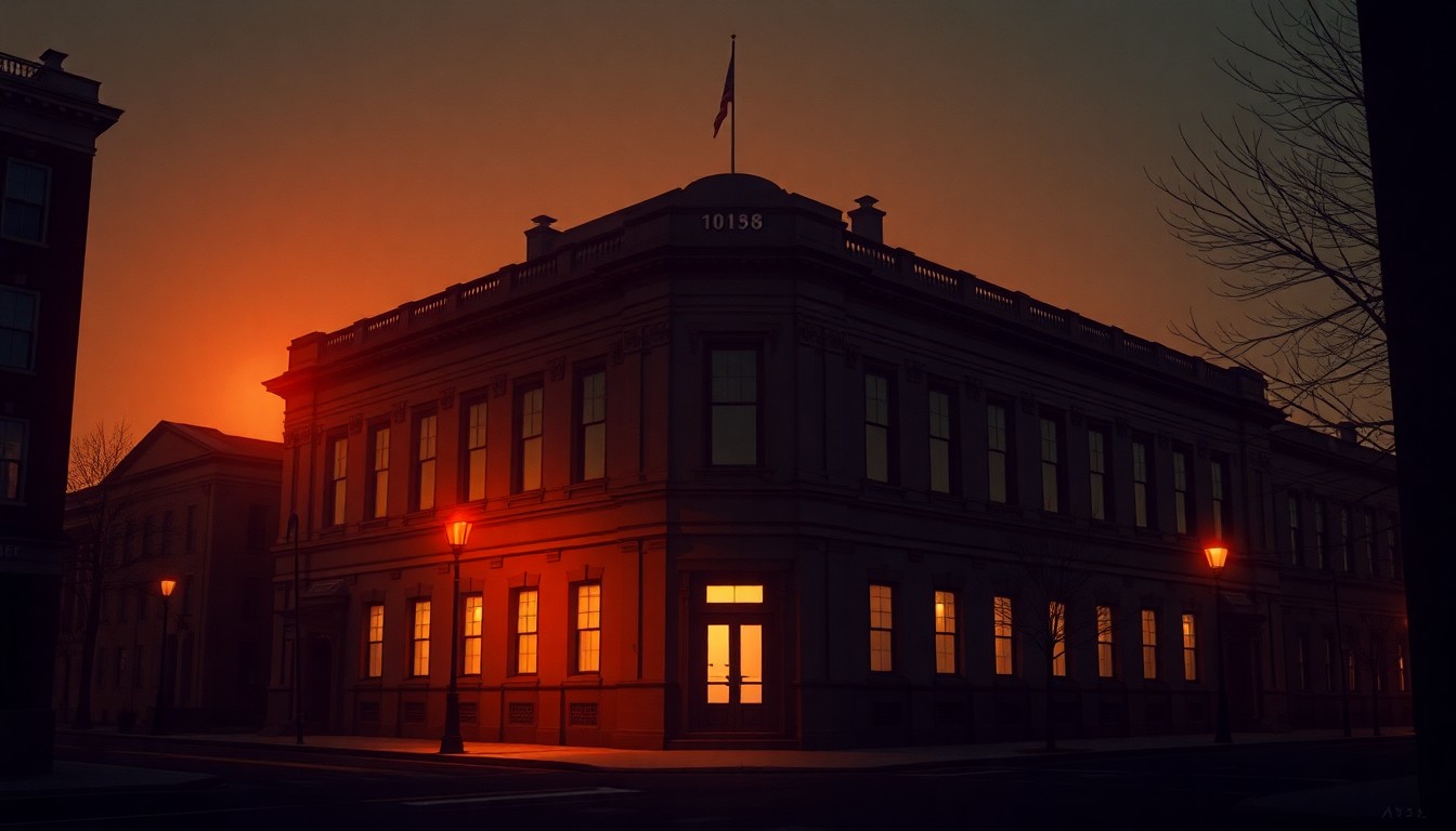 A dimly lit, cinematic painting of a government building in an urban setting, with warm sunlight casting long shadows across the scene, conceptually representing the sensitive diplomatic negotiations between the U.S. and Iran.