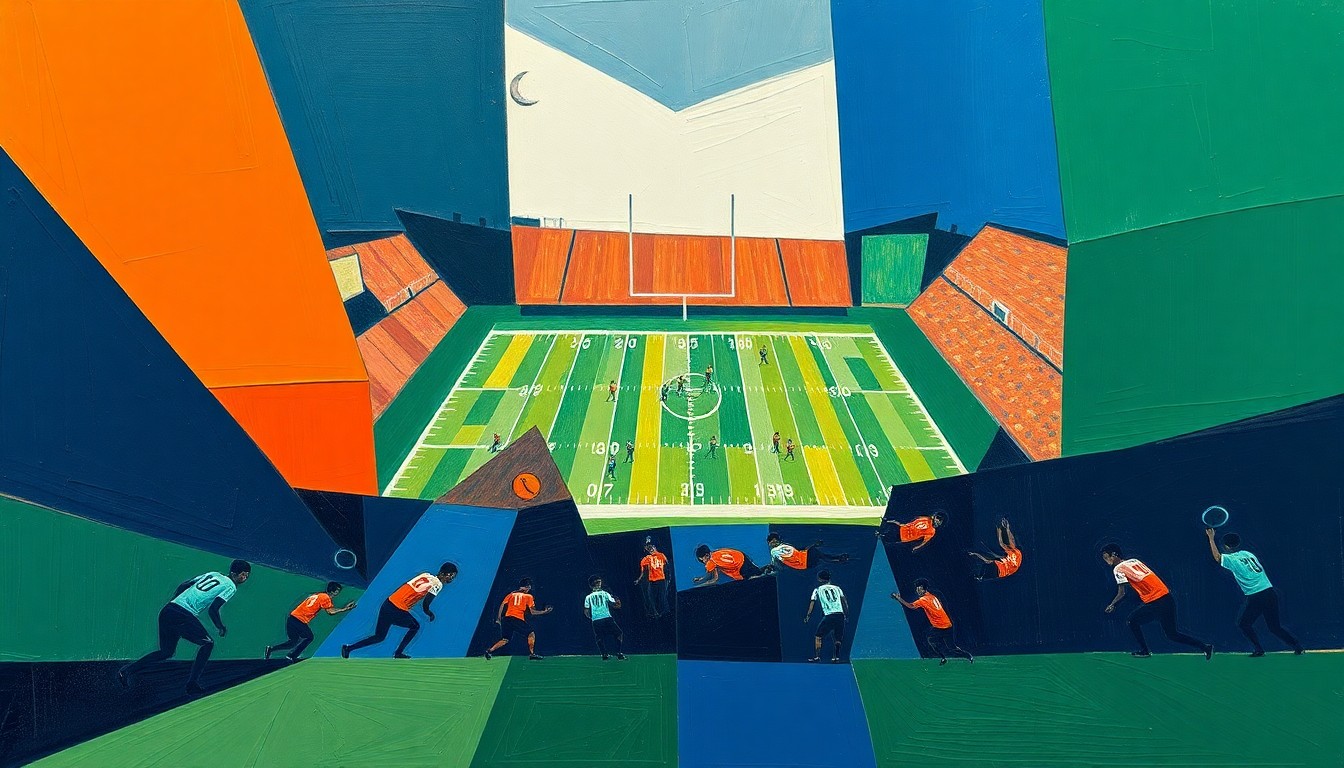 A fragmented, geometric painting in navy, green, and orange hues, conceptually representing the complex emotions and career crossroads of a recently fired football coach.