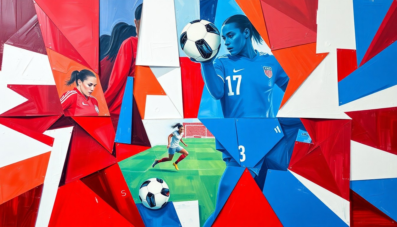 A cubist, geometric painting depicting a USWNT soccer match, with overlapping planes of red, white, and blue representing the team's multifaceted offensive strategy.