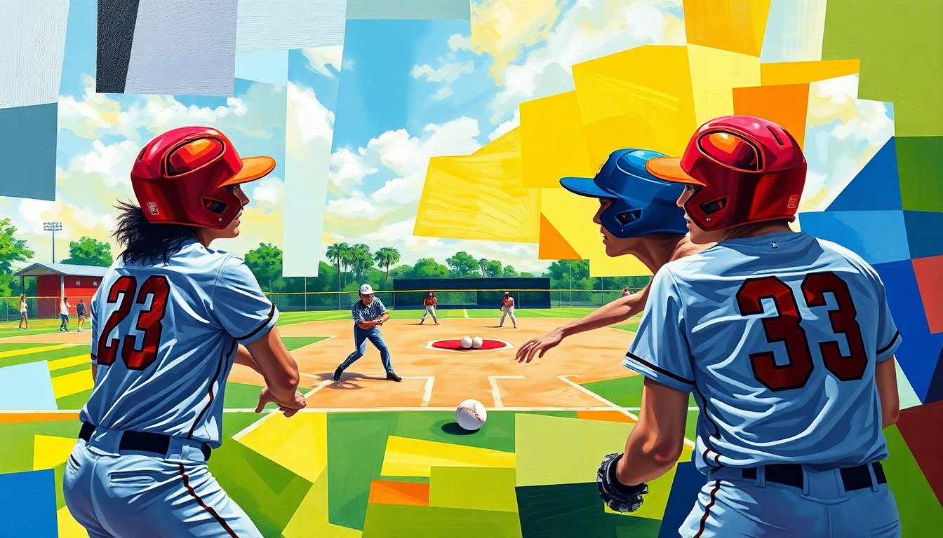 A fragmented, geometric painting depicting a softball game, with sharp planes of color representing the players, field, and ball in motion.