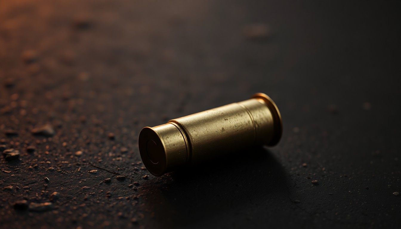 An extreme close-up photograph of a spent shell casing on a dark, textured surface, capturing the stark, gritty aftermath of a shooting incident.