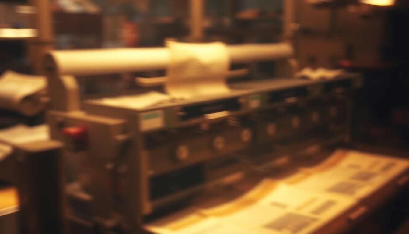 An extremely abstract, out-of-focus image of a newspaper printing press in motion, captured through a rain-streaked lens and rendered in warm, hazy tones, conceptually representing the importance of media transparency and accuracy.
