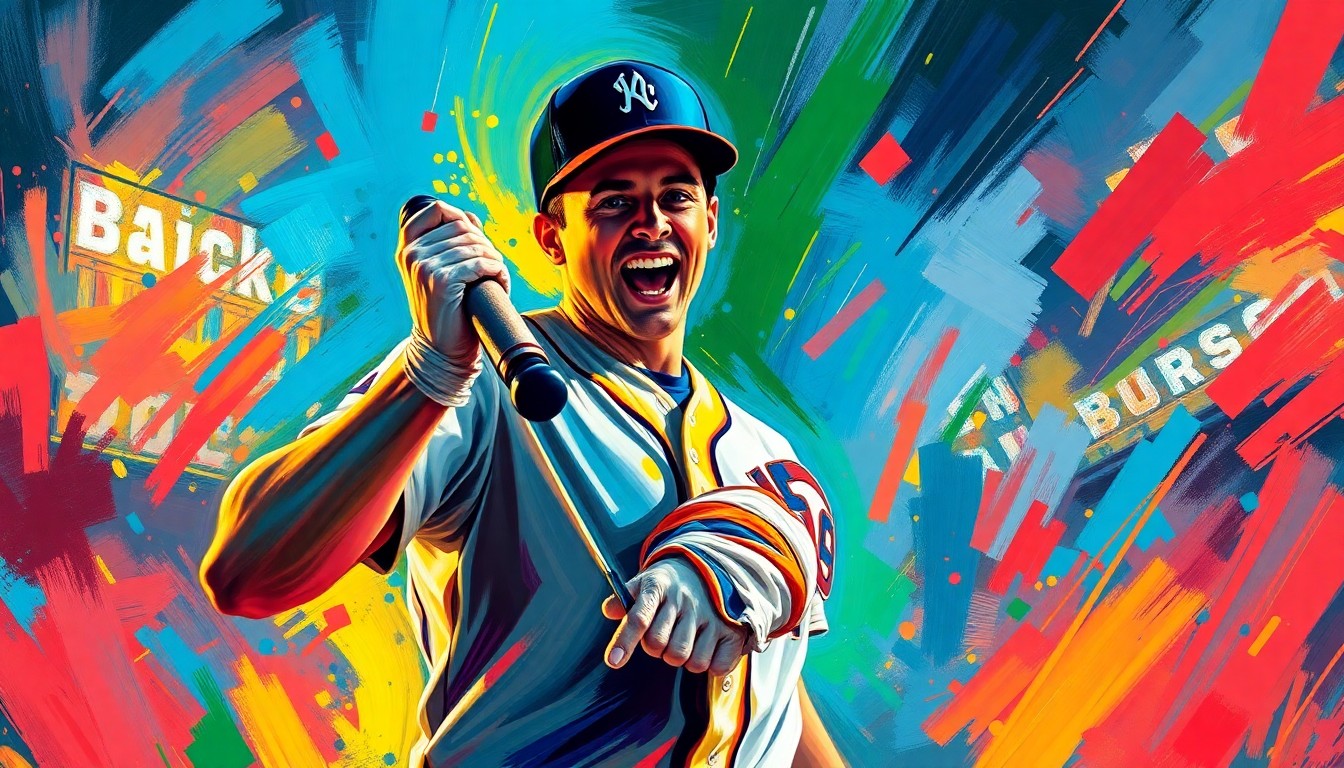 An abstract, energetic painting with vibrant brushstrokes in neon pink, blue, and yellow, capturing the excitement and emotion of a gender reveal moment between baseball teammates.