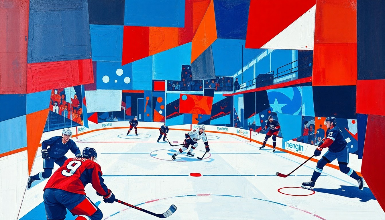 A fragmented, multi-angled painting in bold blues, reds, and whites depicting the chaotic action of a hockey game, conveying the Utah Hockey Club's difficulties in finding a winning formula on their home ice.