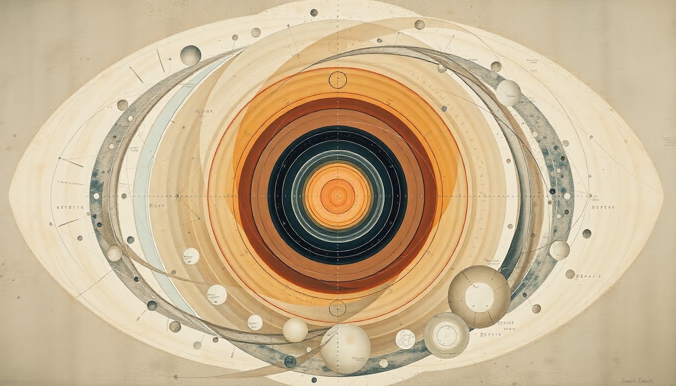 A highly structured abstract painting in soft, muted colors featuring sweeping geometric arcs, concentric circles, and precise botanical spirals, conveying the structural order and unseen forces of the universe.