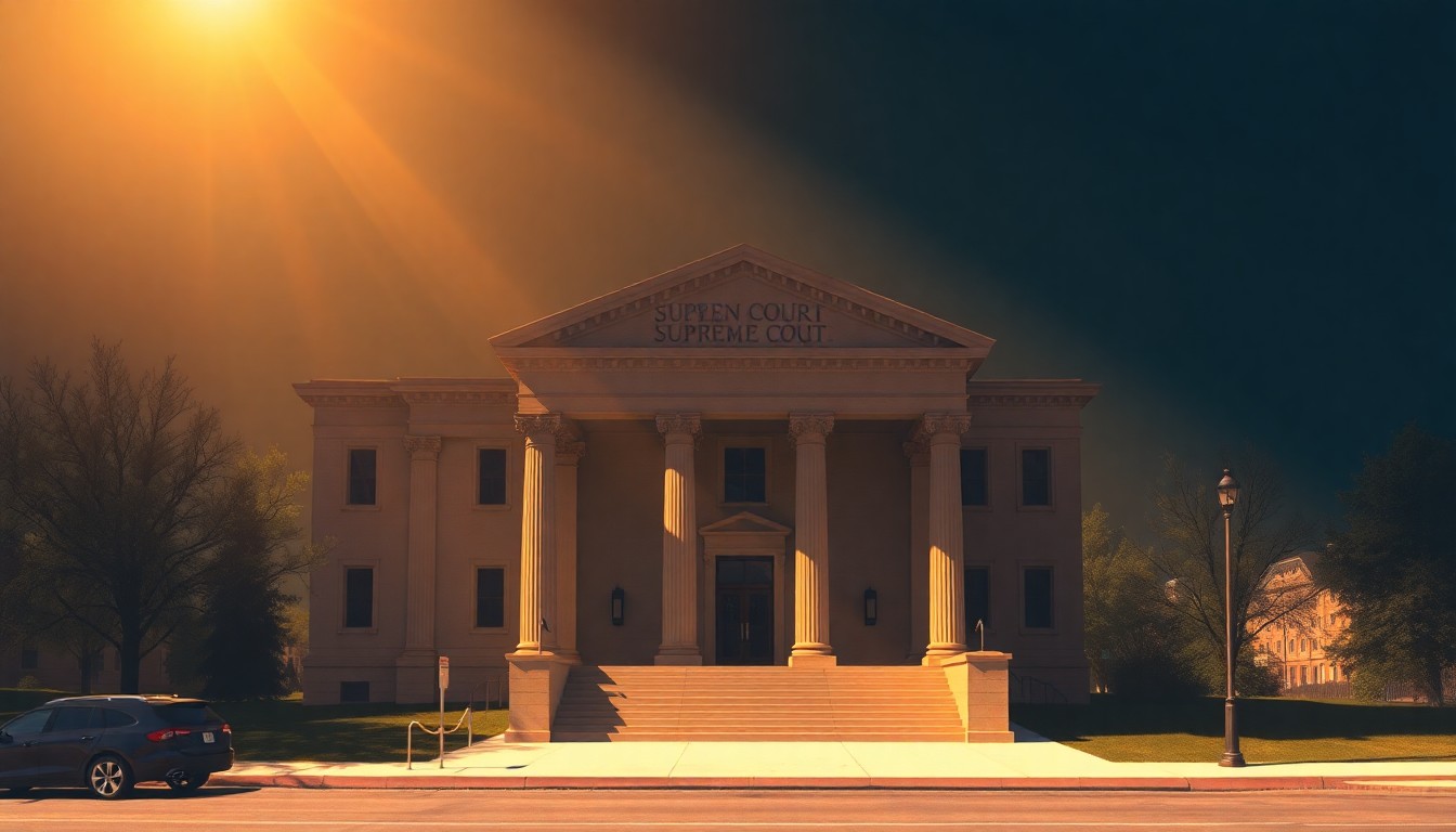 A serene, photorealistic painting of a stately government building in warm, golden light, conveying a sense of quiet contemplation and the gravity of the judicial process.