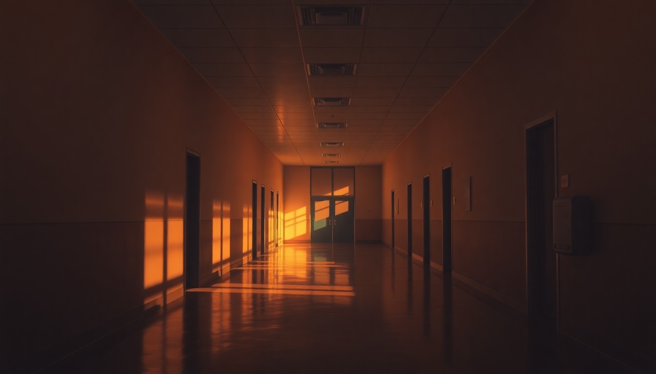 A dimly lit, cinematic painting of an empty school hallway with sunlight streaming in through the windows, creating a sense of melancholy and uncertainty about the future of public education.