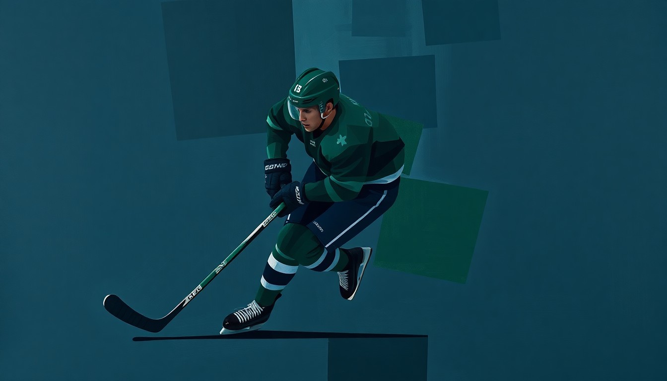 A fractured, cubist-style painting depicting a hockey player in motion, with their body and movements broken down into sharp, overlapping geometric shapes in muted tones of blue, green, and grey, conceptually representing the uncertainty and change facing the New York Rangers organization.