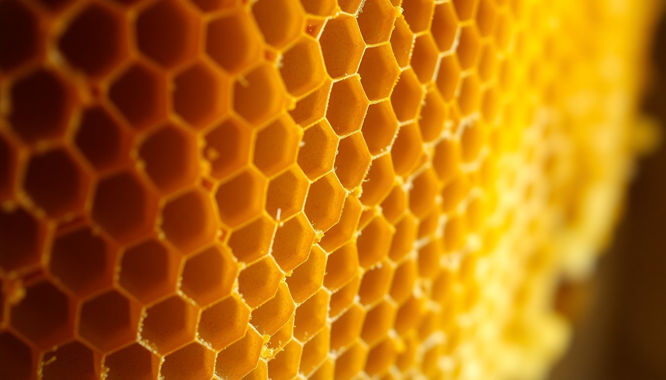 An abstract, high-contrast close-up photograph of the intricate, golden texture of a honeycomb, emphasizing the natural wonder and importance of these essential pollinators.