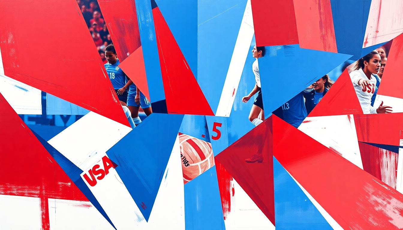 A cubist-style painting depicting a USWNT soccer match, with fragmented geometric shapes in the team's colors representing the players, ball, and field of play.