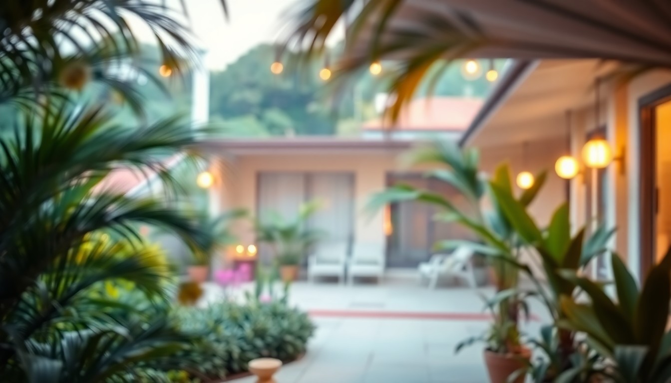 An out-of-focus photograph in warm, hazy tones depicting a lush, tropical patio with a glimpse of a modern, mid-century style home in the background, conceptually representing the coastal charm and amenities of the Sea Zen Cottage rental.