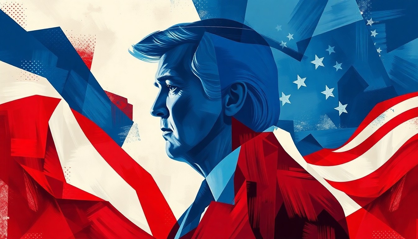 A dynamic, abstract painting featuring overlapping geometric shapes and brushstrokes in red, white, and blue, conceptually representing the high-stakes and divisive nature of a political campaign.