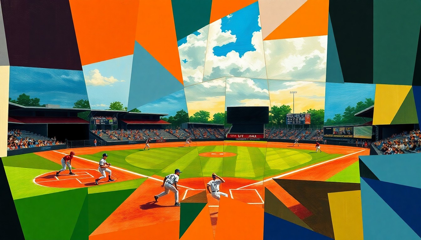 A fractured, cubist painting depicting a high school baseball game, with the players, field, and action broken down into abstract geometric shapes and planes of color.