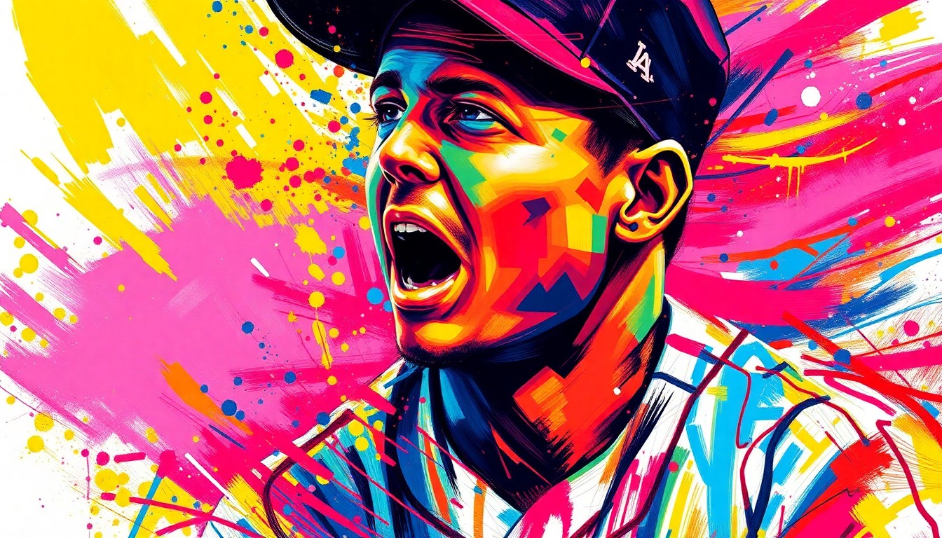 An abstract, expressionist painting in bright neon colors, capturing the dynamic movement and energy of a baseball player in action, with their features and uniform details blurred into vibrant brushstrokes.