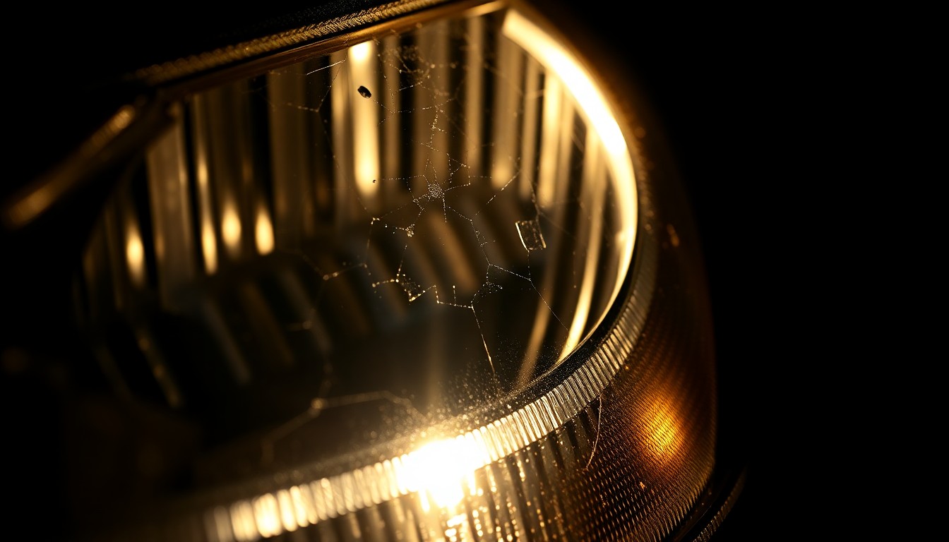 An extreme close-up of a shattered car headlight lens reflecting a faint glow, conceptually illustrating the aftermath of a fatal parking lot accident.