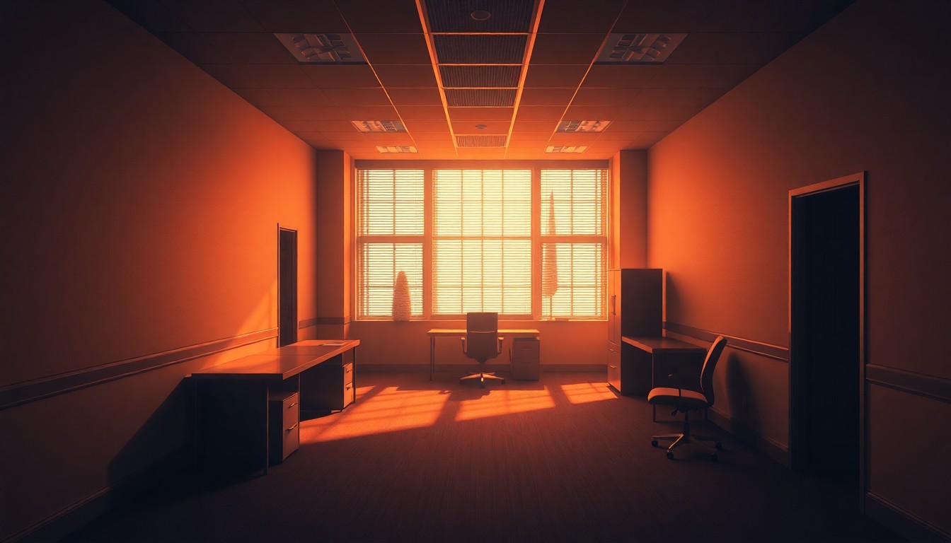 A dimly lit, cinematic government office space with a single desk and chair, the warm sunlight casting long shadows and creating a sense of solitude and unease.