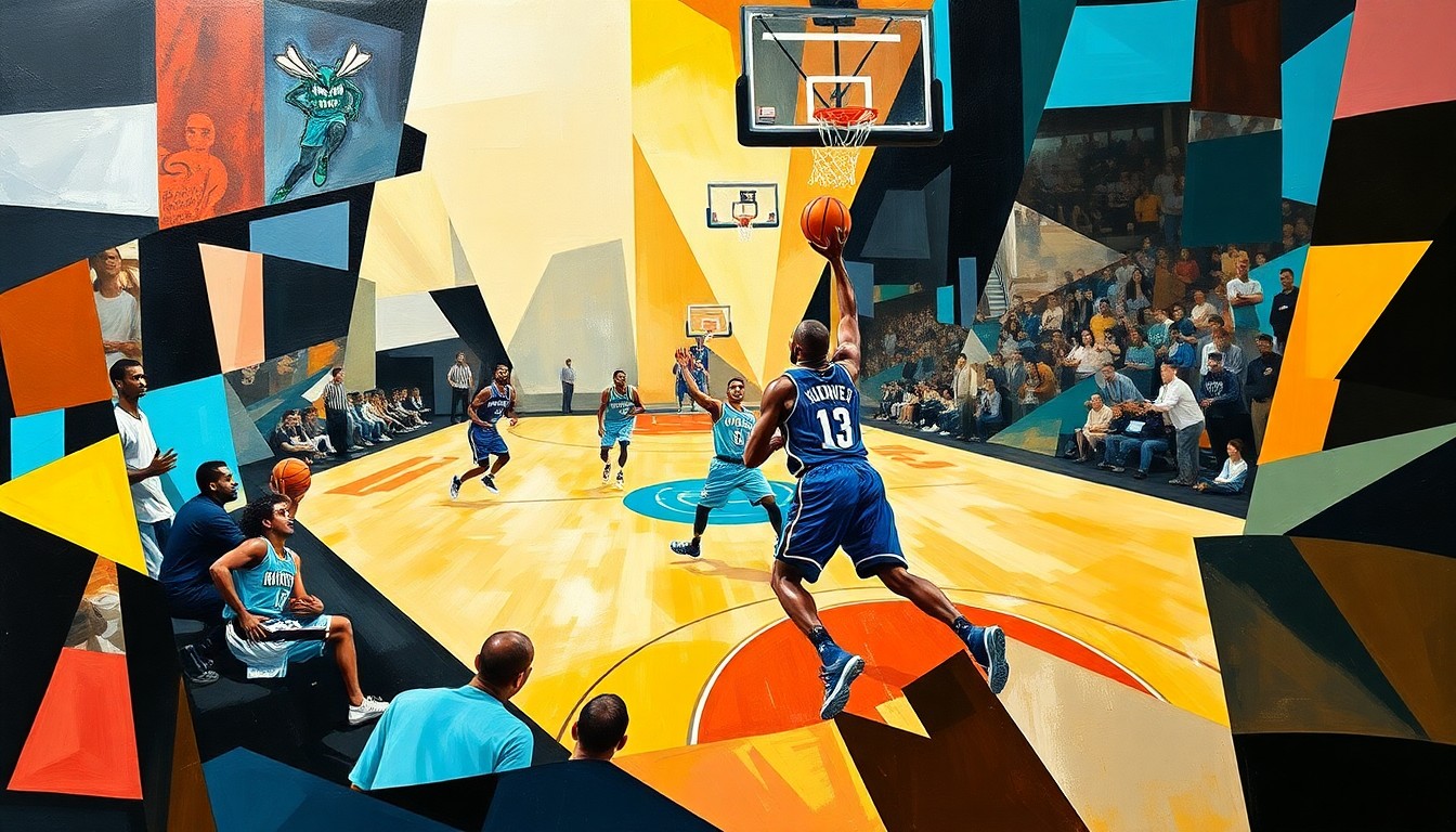 An abstract, cubist-style painting depicting the intense action and energy of a basketball game between the Orlando Magic and Charlotte Hornets, with the players' movements and the competitive spirit of the contest captured through a fractured, multi-perspective composition of sharp, overlapping geometric shapes and planes.