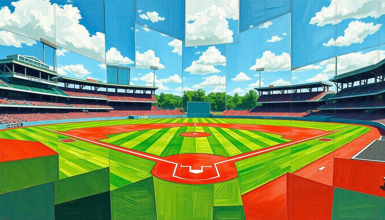 A cubist, geometric painting depicting a high school baseball game, with the field, players, and sky broken down into overlapping planes of green, red, and blue.