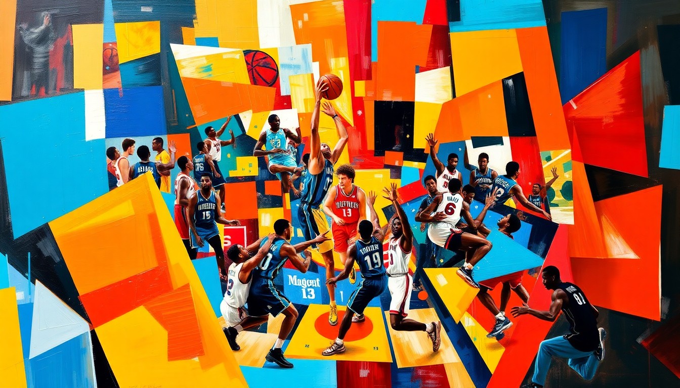 A fractured, cubist-style painting depicting the intense energy and action of a basketball game, with sharp, overlapping geometric shapes in the team's colors representing the players, crowd, and court.