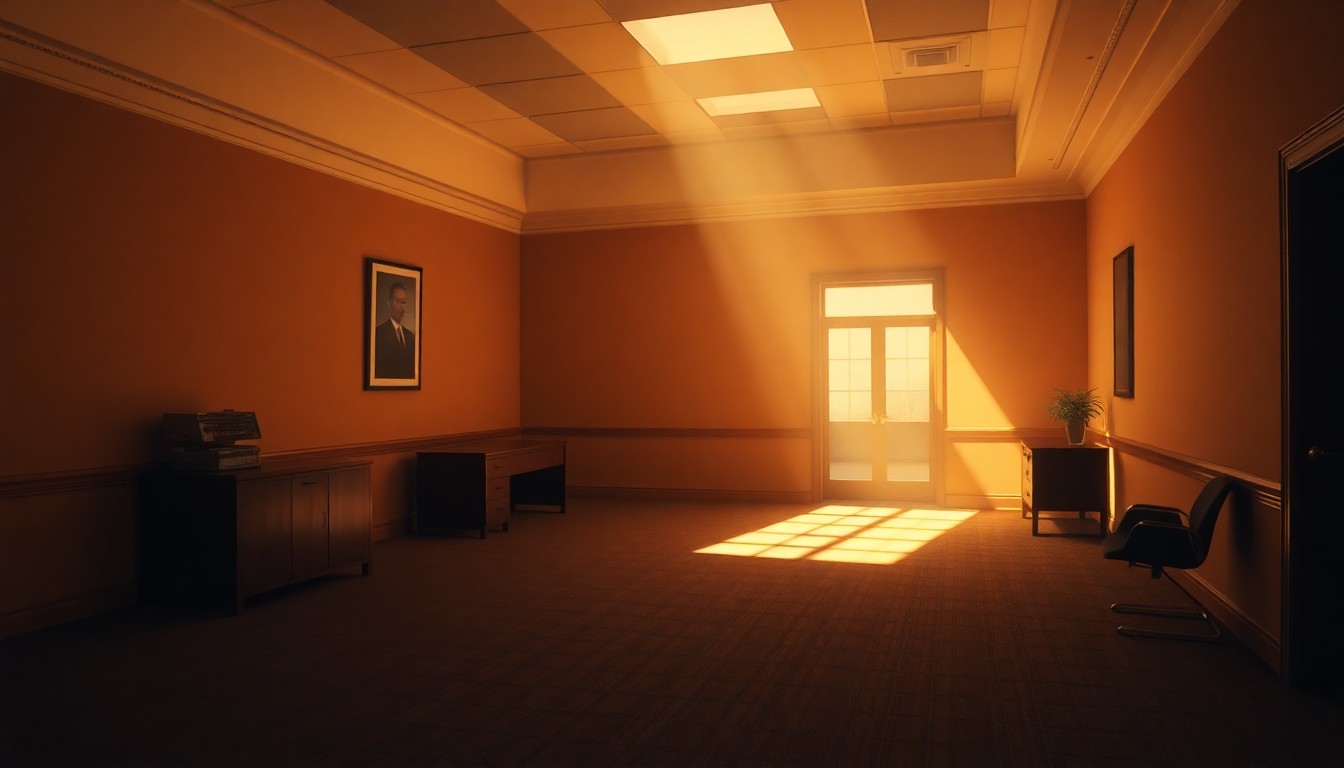 A dimly lit, cinematic painting of an empty government office space, with warm sunlight streaming through the windows and deep shadows across the floor, conveying a sense of quiet contemplation around the political process.