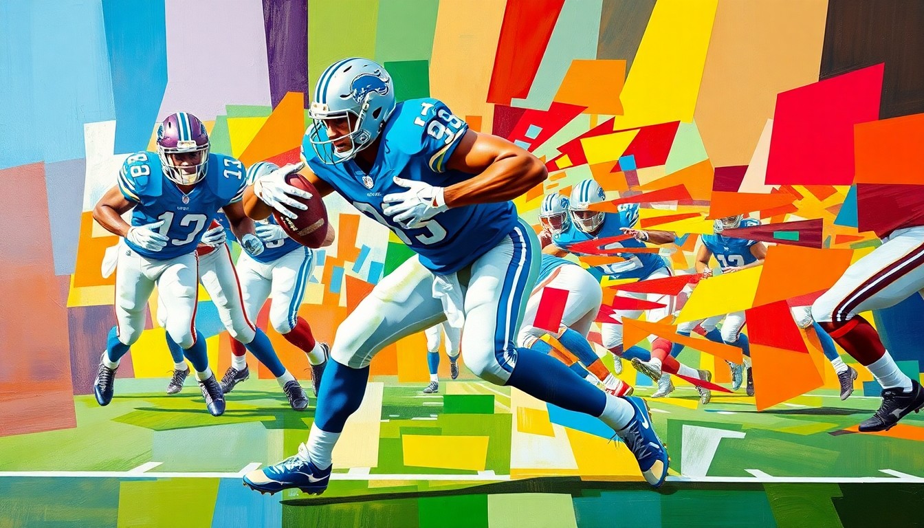 A cubist, geometric painting depicting a running back bursting through the line, with sharp planes of bright blue, silver, and white representing the Detroit Lions' uniform colors.