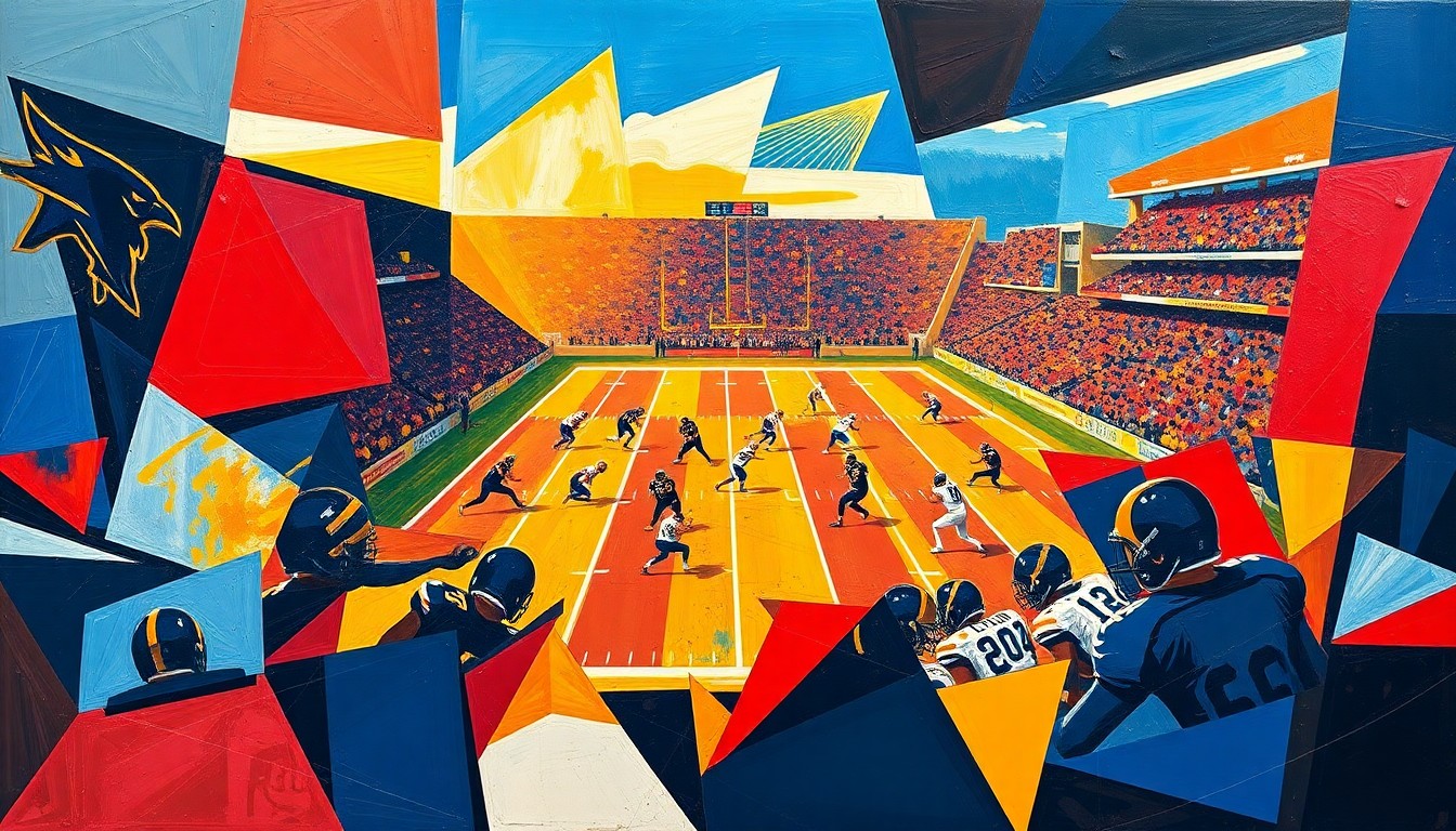 A cubist, geometric painting depicting a football game, with sharp, overlapping shapes in navy blue, red, and gold representing the Aviators' team colors and the dynamic action on the field.