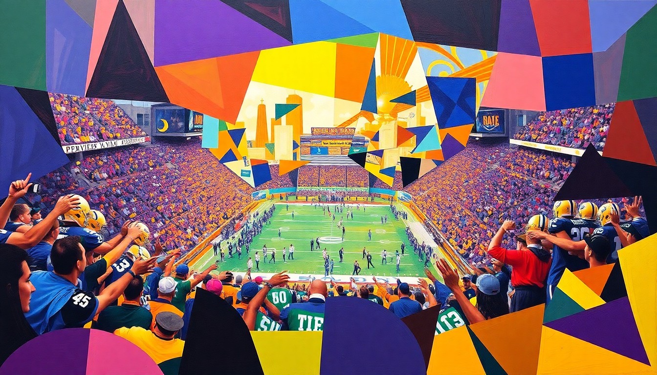 A cubist, geometric painting in the school colors of Prairie View A&M, capturing the energy and excitement of a football championship celebration.