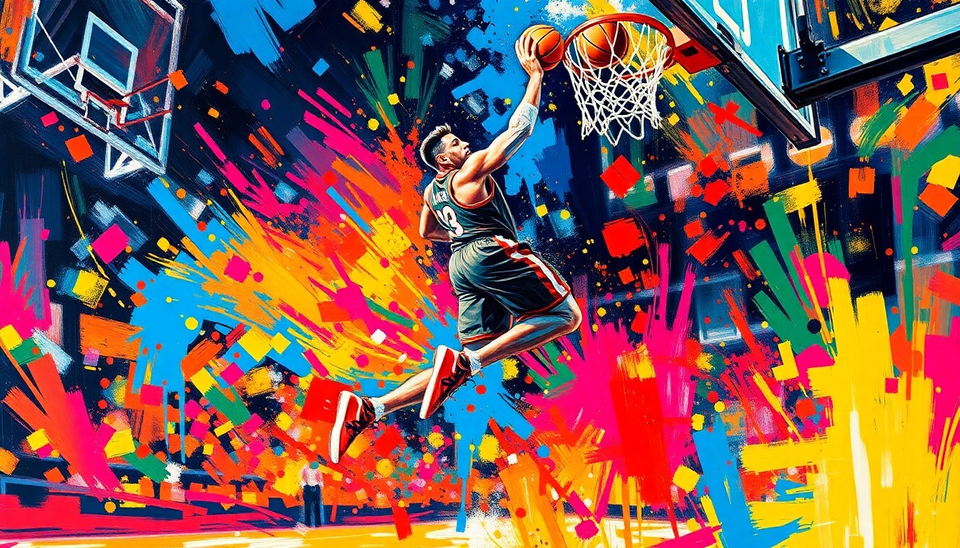 An extreme close-up of Paolo Banchero mid-dunk, with his body and the basketball court rendered in a vibrant, expressionist style of rapid, neon-colored brushstrokes that capture the raw energy and power of his athletic movement.