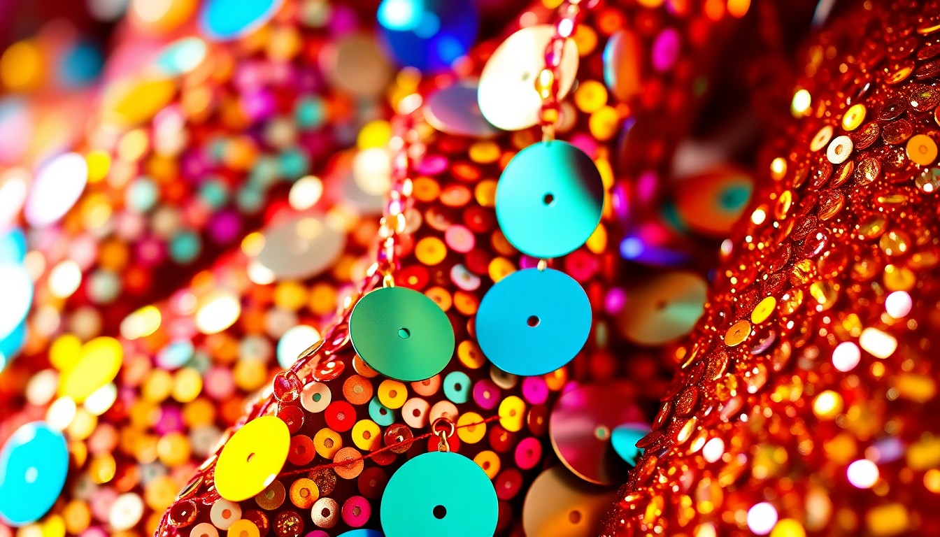 An extreme close-up photograph of shimmering, metallic textures in bright, tropical colors, evoking the glamour and energy of Caribbean music and carnival culture.