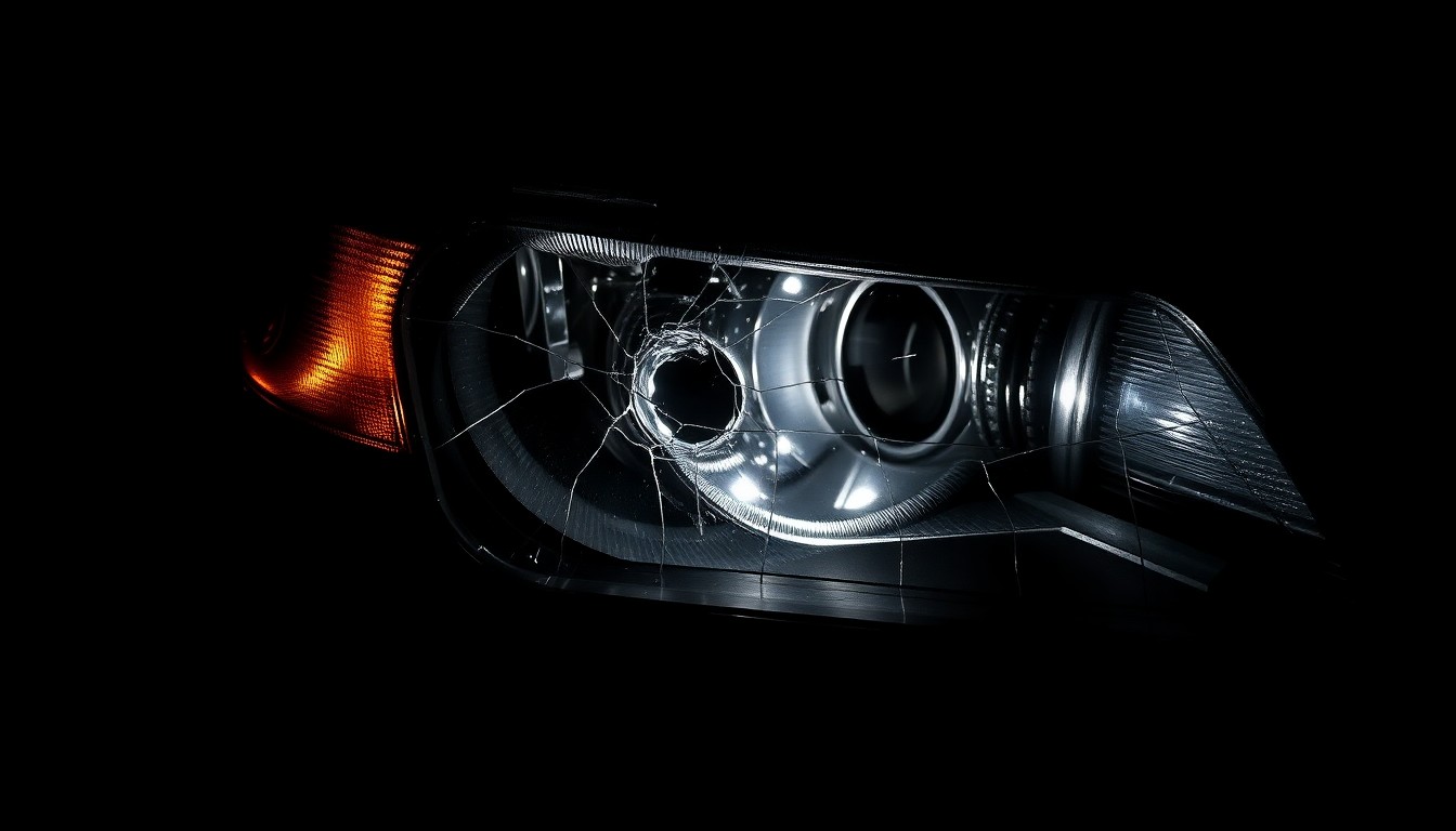 An extreme close-up of a shattered car headlight lens reflecting a harsh, direct flash of light, conceptually illustrating the aftermath of a serious car crash.