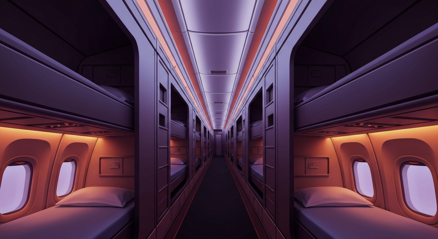 A highly stylized, geometric illustration depicting the sleek, streamlined silhouettes of stacked bunk beds or sleeping pods in an airplane interior, conveying the grand scale and design of this new travel amenity.