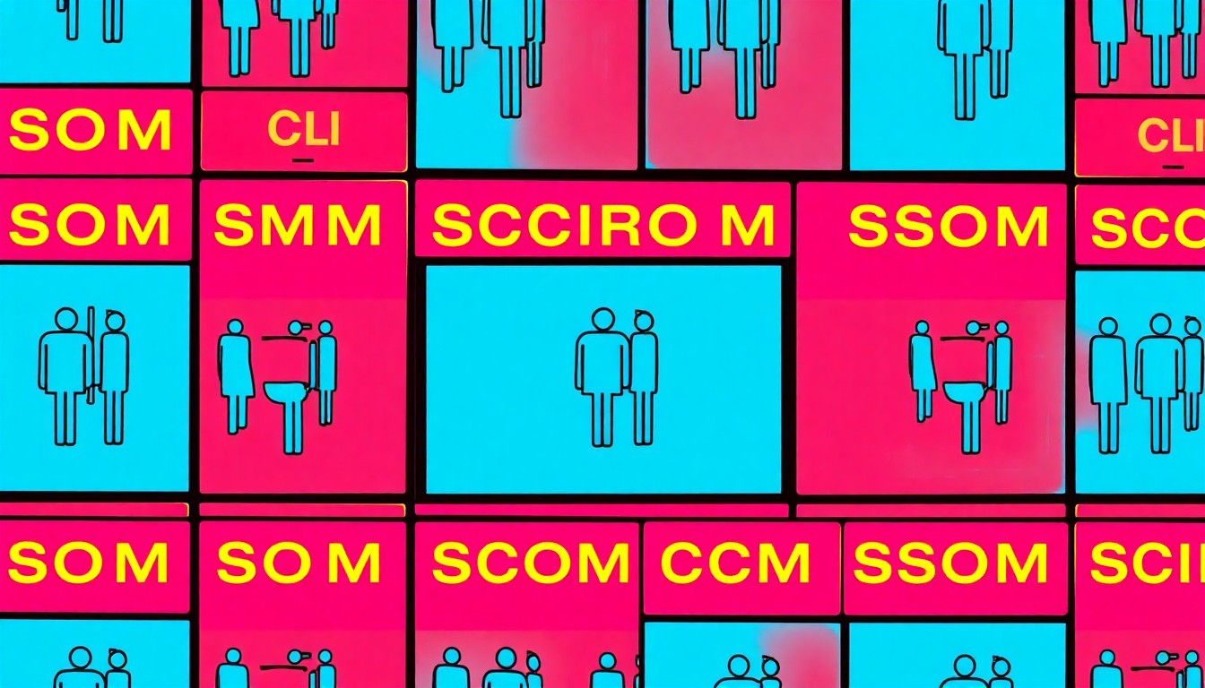 A brightly colored, high-contrast silkscreen print of a stylized school bathroom sign, repeated in a tight grid pattern, conveying the conceptual tension around gender identity policies in education.