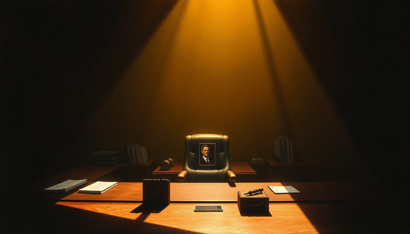 A photorealistic painting in the style of Edward Hopper, depicting a dimly lit office desk with a single framed photograph, conveying a sense of quiet contemplation and the lingering mysteries surrounding Epstein's claimed political connections.