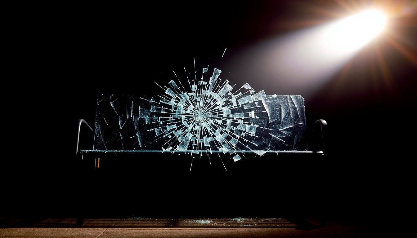 An extreme close-up photograph of a shattered glass bus stop bench, the harsh lighting and dark background creating a stark, gritty aesthetic that conceptually represents the violence and randomness of the crimes.