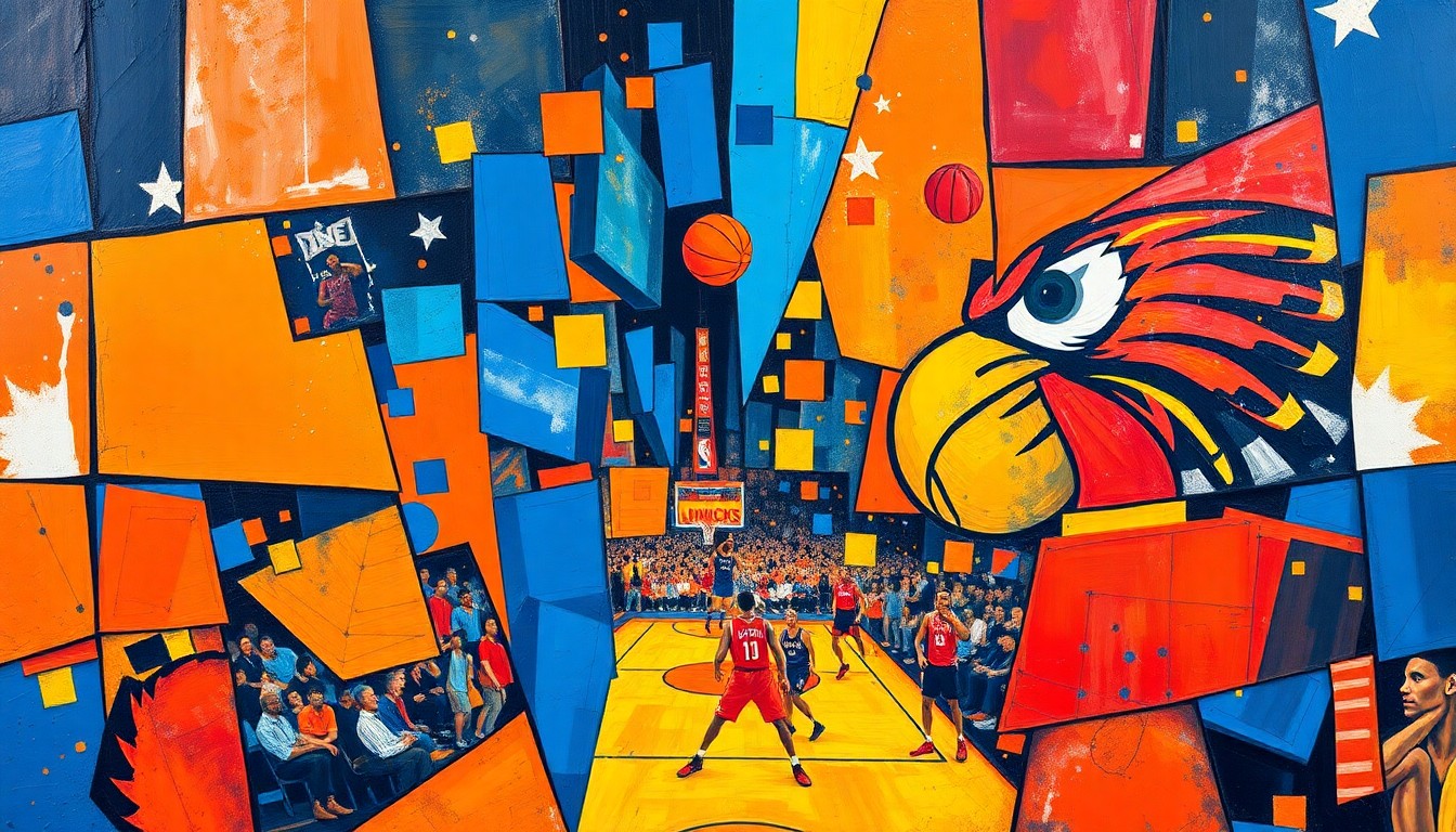 A fractured, multi-perspective painting in bold, geometric shapes and colors representing a basketball game between the Knicks and Hawks, conveying the dynamic action and competitive spirit of the playoff matchup.