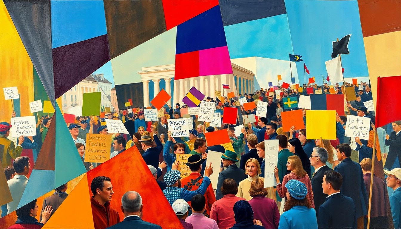 A dynamic, abstract painting depicting a crowd of people at a political rally, with overlapping geometric shapes and vibrant colors representing the energy and conflict of the event.