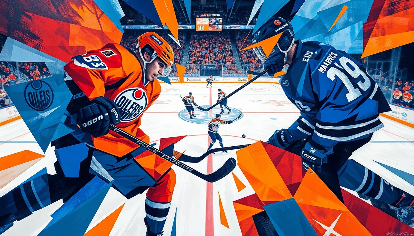 A fractured, cubist-style painting depicting the intense action of a hockey game between the Tulsa Oilers and Kansas City Mavericks, with the players' movements and uniforms broken down into sharp, overlapping geometric shapes and planes of vibrant orange and blue colors.