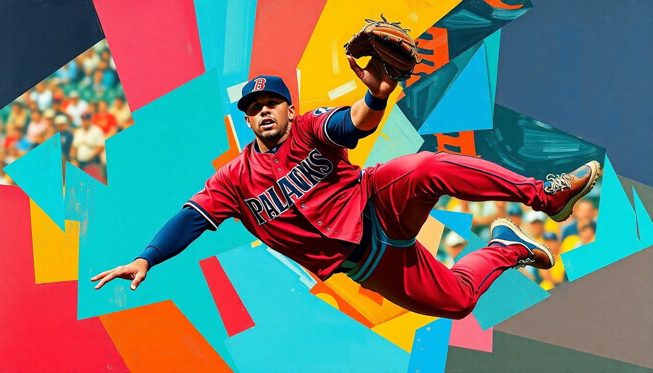 A cubist-style painting depicting a baseball player making a diving catch, with the player's body broken down into sharp, overlapping geometric shapes in the Diamondbacks' team colors of red, teal, and black.