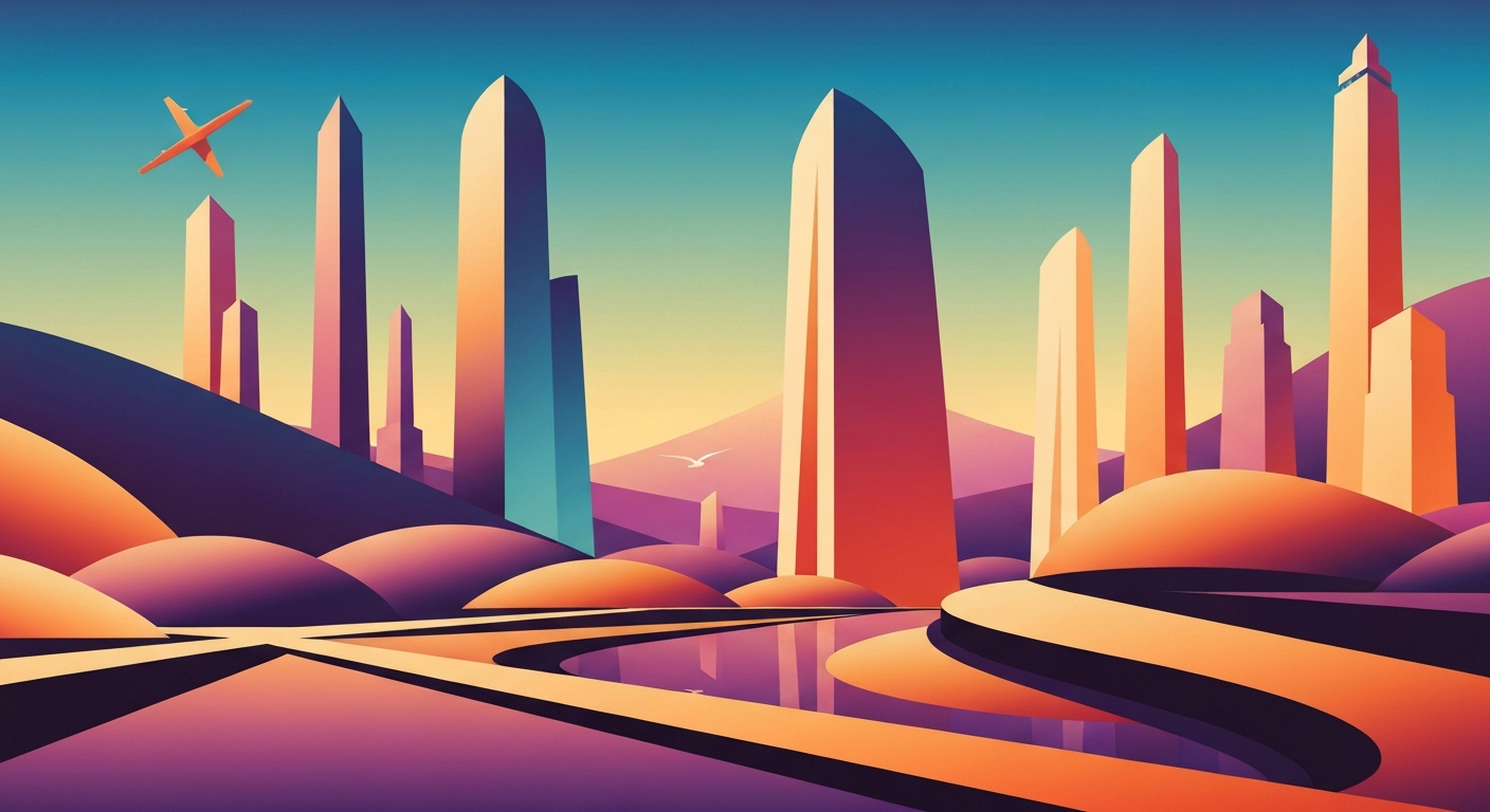 A highly stylized, geometric illustration depicting the exterior of a grand, Tudor-style building set against a sweeping landscape, conveying a sense of timeless elegance and adventure.