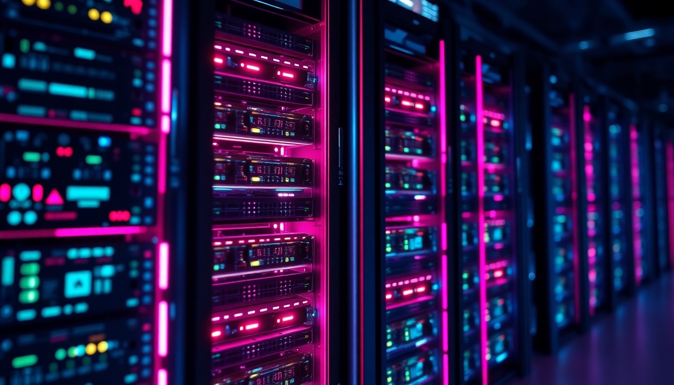 A highly detailed, glowing 3D illustration of a futuristic data center server rack, with neon cyan and magenta lights illuminating the intricate hardware components, conceptually representing the advanced technology powering the digital world.