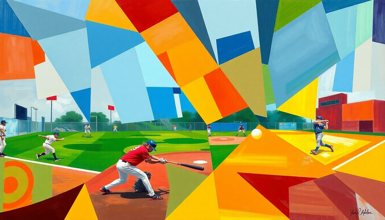 A fragmented, geometric painting depicting the dynamic movements and energy of a high school sports competition, with sharp planes of color representing the teams and players.