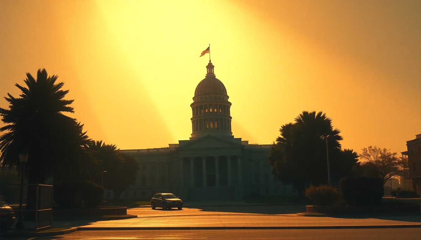 A serene, atmospheric painting of the California state capitol building, its grand architecture and iconic dome rendered in muted tones and dramatic lighting, conveying a sense of political uncertainty and transition.