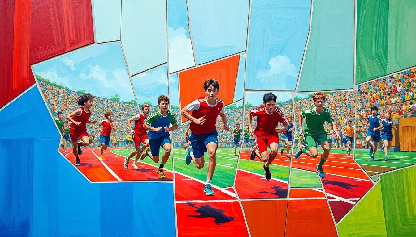 A cubist, geometric illustration depicting various track and field events, with overlapping planes of blue, red, and green representing the competing teams and athletes.