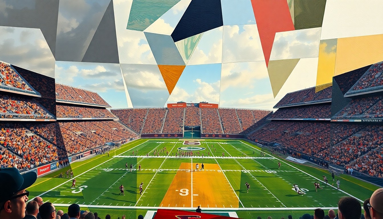 A cubist, geometric painting depicting the fragmented action of a college football game, with players, field, and stadium rendered in sharp, overlapping planes of color.