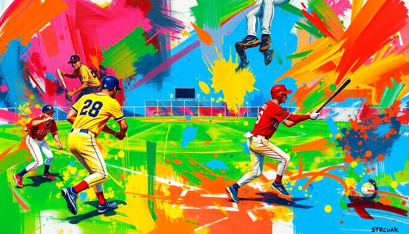 An abstract, expressionist painting in neon colors depicting the dynamic motion and energy of a high school baseball game, with players' forms dissolving into vibrant brushstrokes.