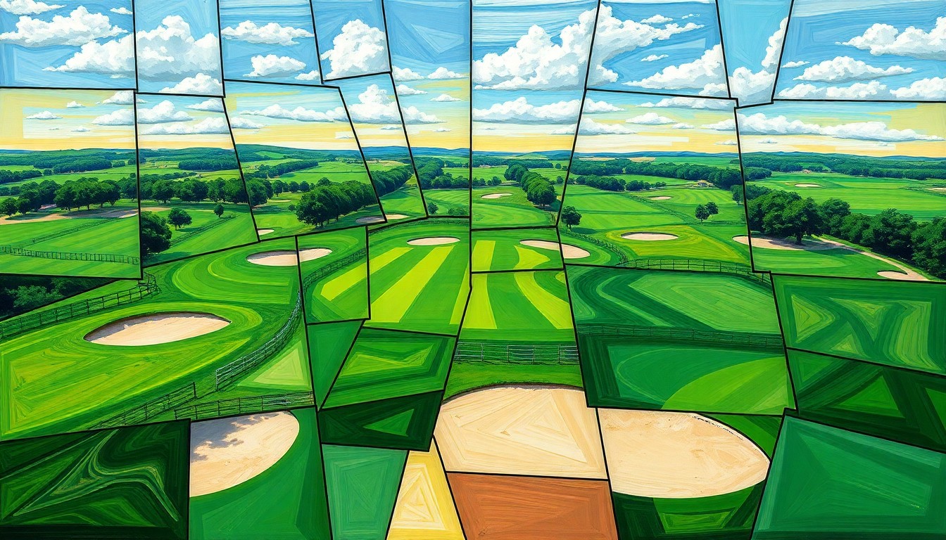 A fragmented, geometric painting depicting a high school girls' golf tournament, with overlapping planes of green fairways, sand traps, and putting greens, conveying the competitive energy and multi-faceted nature of the event.