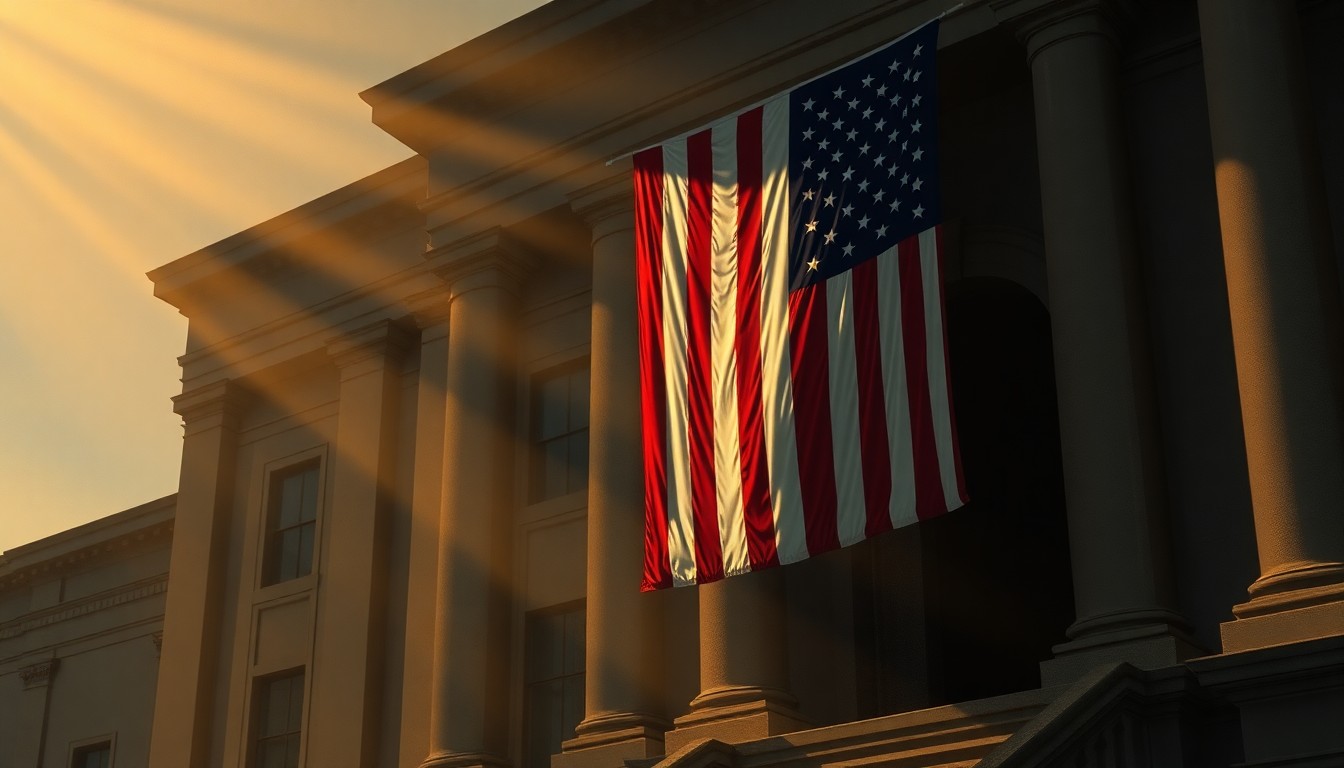 A moody, cinematic painting of an American flag hanging on the side of a government building, the fabric illuminated by warm diagonal sunlight and deep shadows, conveying a sense of political tension and unease.