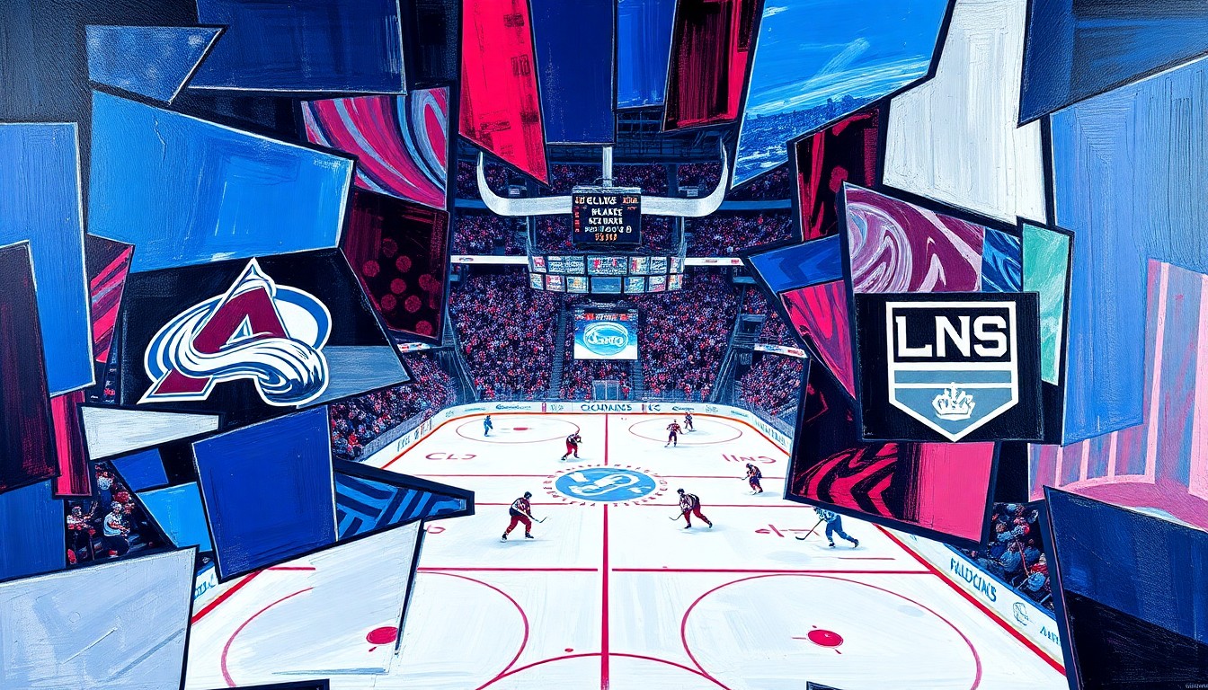 A cubist, geometric painting depicting a hockey game with overlapping planes of color, representing the clash between Colorado's offensive firepower and Los Angeles' defensive structure.
