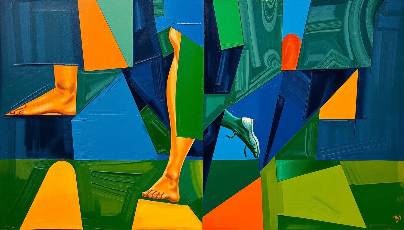 A fractured, multi-perspective painting depicting a footballer's Achilles tendon rupture, with sharp geometric planes in navy, green, and orange representing the devastating impact of this injury.