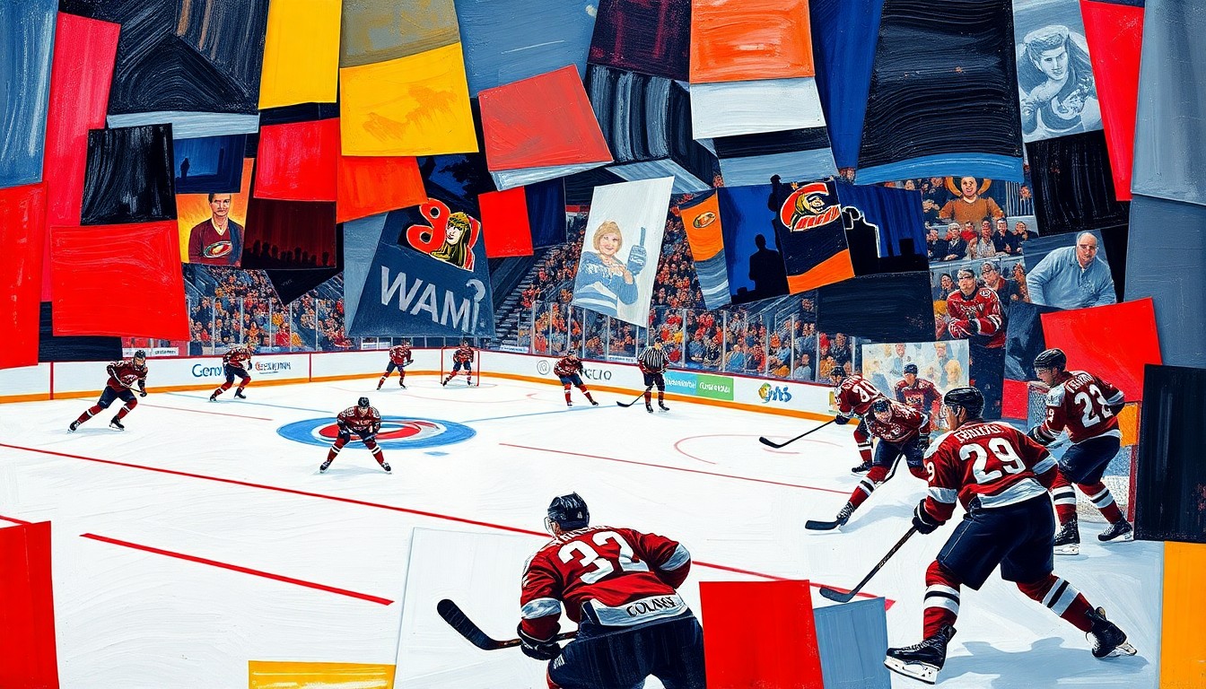 A cubist, geometric painting depicting a hockey game between the Carolina Hurricanes and Ottawa Senators, with the players and ice rink broken down into sharp, overlapping planes of color.